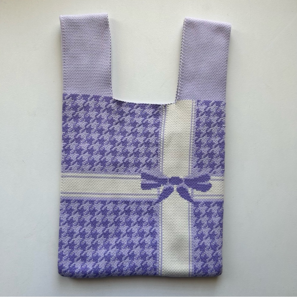 Knit Lavender Houndstooth Small Tote Bag with Bow Design